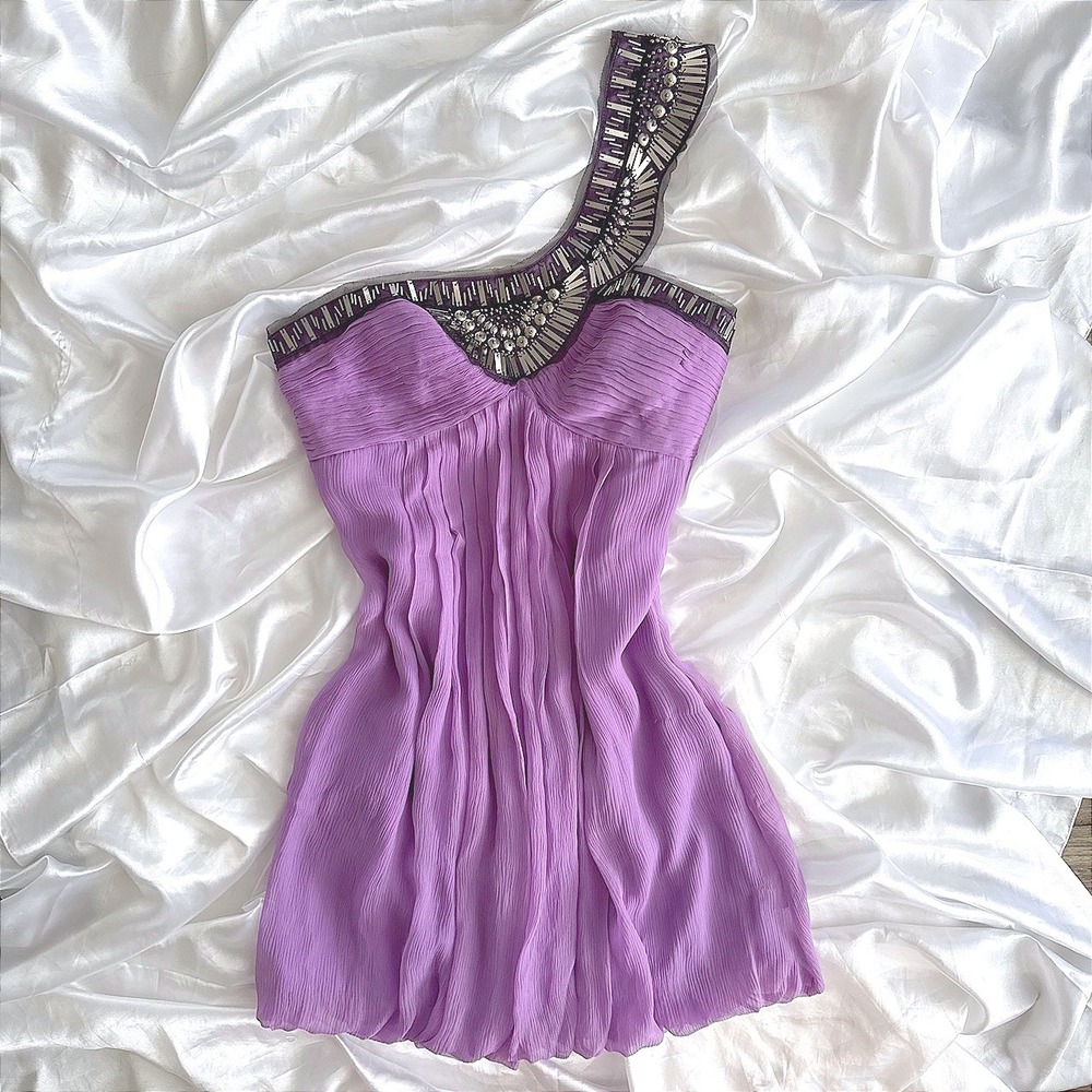 BCBGMAXAZRIA Purple Silk One Shoulder Embellished Bubble Hem Mini Dress Size 2